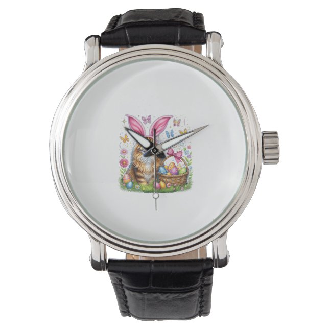 Happy Easter Cute Bunny Maine Coon Cat Easter Eggs Watch (Front)