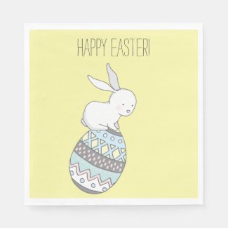 Happy Easter! Cute Bunny on an Easter Egg - Yellow Napkins