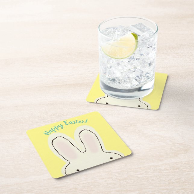 Happy Easter cute bunny peekaboo script yellow Square Paper Coaster (Insitu)
