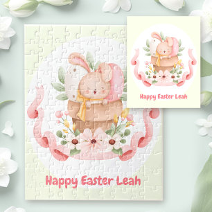 Happy Easter Cute Bunny Personalized Name Girl Jigsaw Puzzle