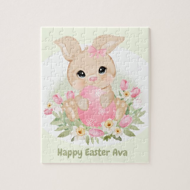Happy Easter Cute Bunny Pink Egg Personalized Name Jigsaw Puzzle (Vertical)