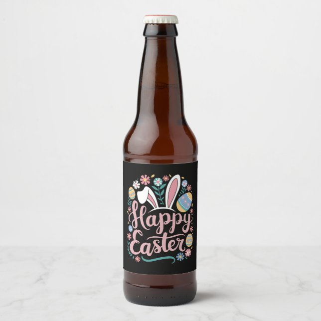 Happy Easter Cute Bunny Rabbit Eggs Beer Bottle Label (Front)