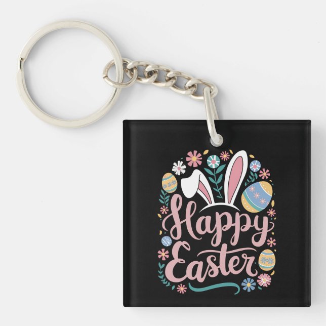 Happy Easter Cute Bunny Rabbit Eggs Keychain (Front)