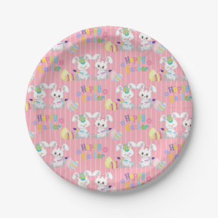 Happy Easter Cute Bunny Rabbits Painting Eggs Paper Plates