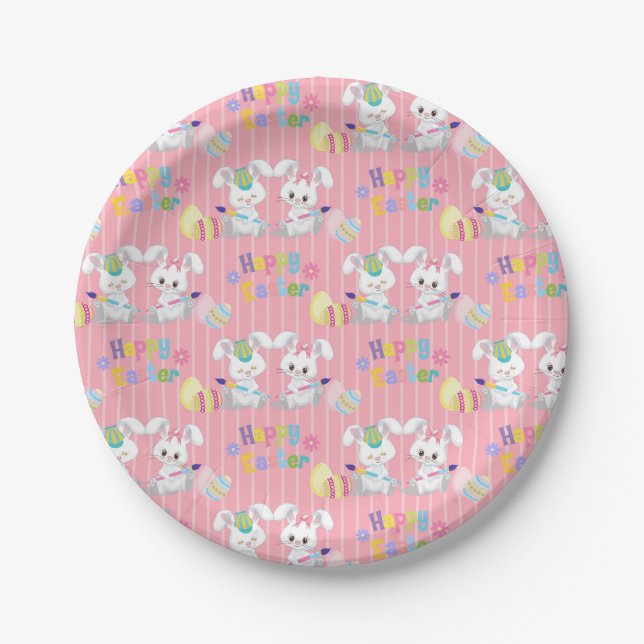 Happy Easter Cute Bunny Rabbits Painting Eggs Paper Plates (Front)