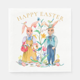 Happy Easter Cute Bunny Rabbits Spring Flowers Napkins