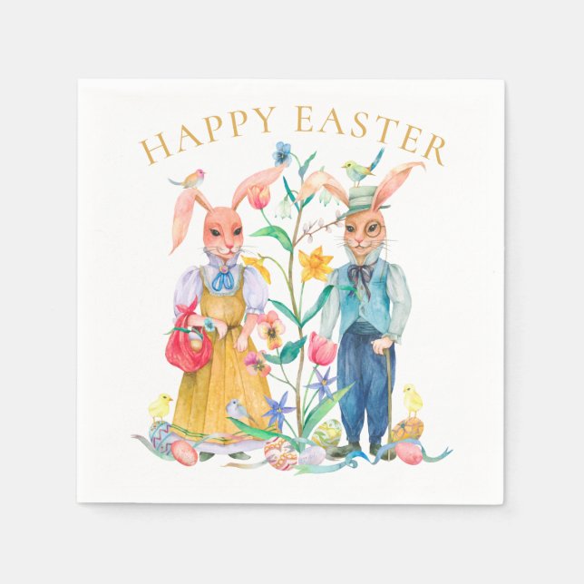 Happy Easter Cute Bunny Rabbits Spring Flowers Napkins (Front)