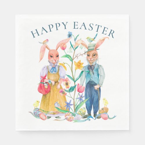 Happy Easter Cute Bunny Rabbits Spring Flowers Napkins