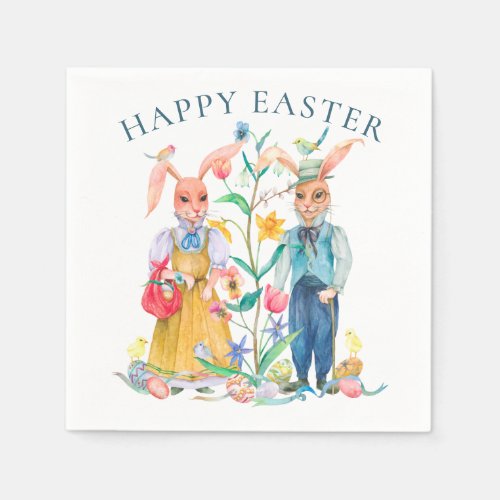 Happy Easter Cute Bunny Rabbits Spring Flowers Napkins