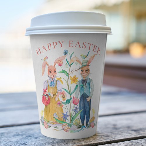 Happy Easter Cute Bunny Rabbits Spring Flowers Paper Cups