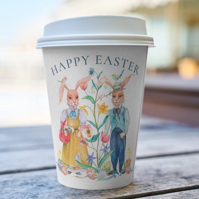 Happy Easter Cute Bunny Rabbits Spring Flowers Paper Cups (Creator Uploaded)
