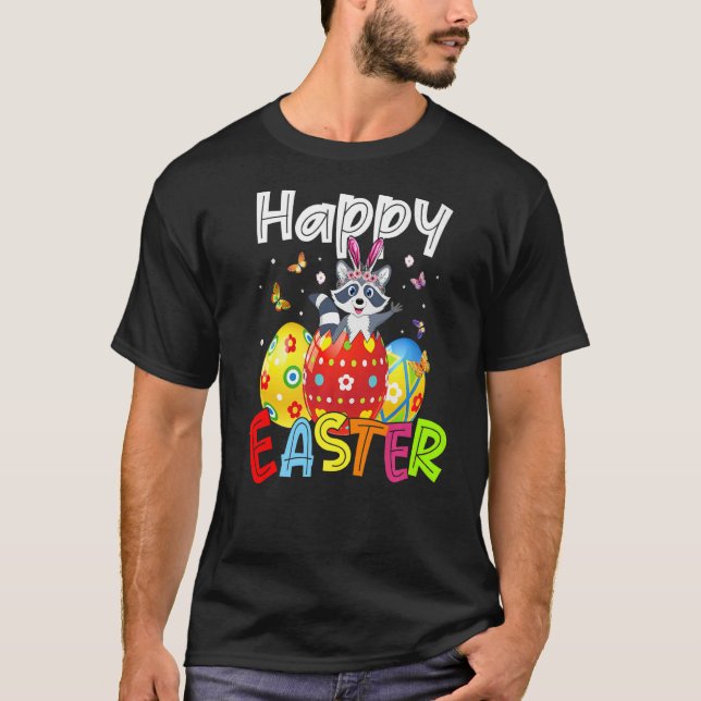 Happy Easter Cute Bunny Rabiit Raccoon  Eggs Hunt  T-Shirt (Front)