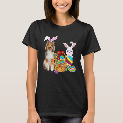 Happy Easter Cute Bunny Sheltie Dog Bunny Basket E T_Shirt