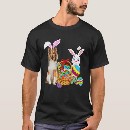 Happy Easter Cute Bunny Sheltie Dog Bunny Basket E T_Shirt