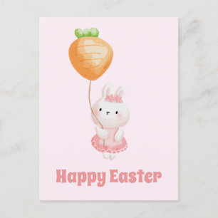 Happy Easter! Cute Bunny with Carrot Balloon Postcard