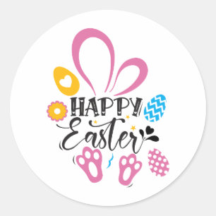 Happy Easter Cute Bunny With Easter Eggs Classic Round Sticker