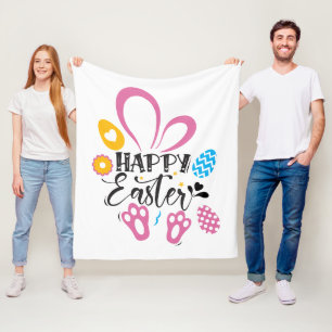 Happy Easter Cute Bunny With Easter Eggs Fleece Blanket