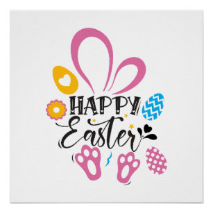 Happy Easter Cute Bunny With Easter Eggs Poster