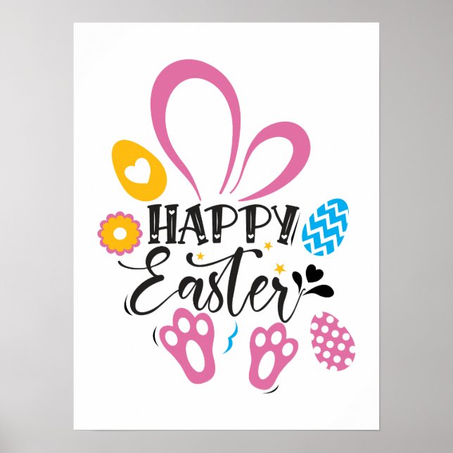 Happy Easter Cute Bunny With Easter Eggs Poster (Front)