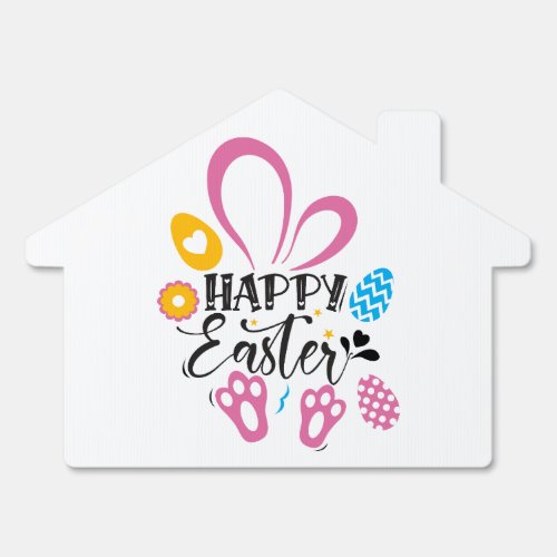 Happy Easter Cute Bunny With Easter Eggs Sign