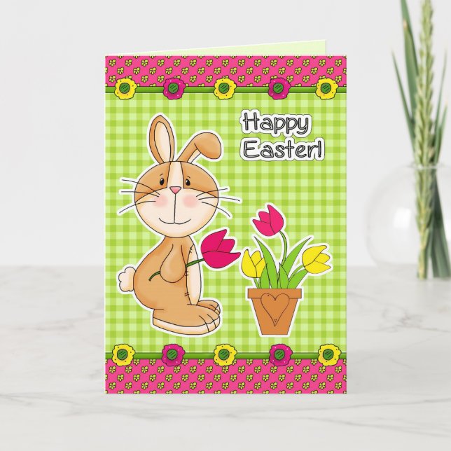 Happy Easter. Cute Bunny with Tulips Holiday Card (Front)