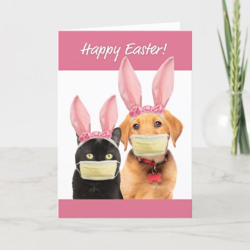 Happy Easter Cute Cat and Dog in Covid Face Mask Holiday Card