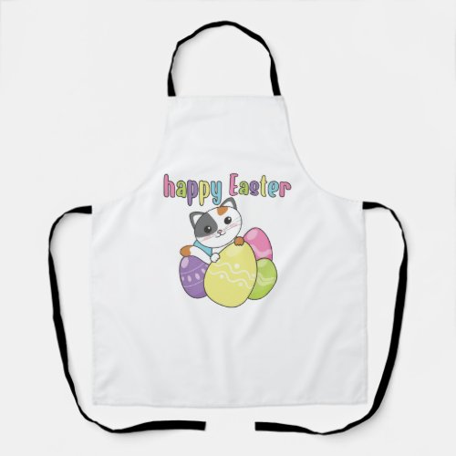 Happy Easter Cute Cat At Easter With Easter Eggs A Apron
