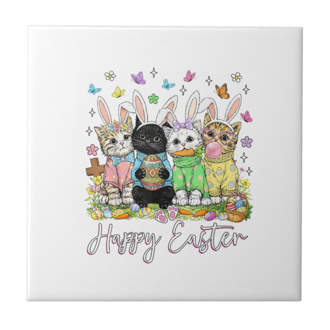 Happy Easter Cute Cat Lover Bunny Easter Day Women Ceramic Tile (Front)