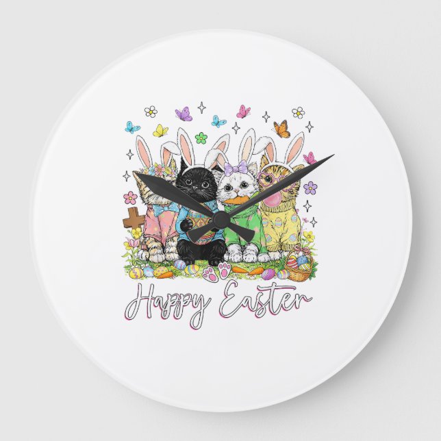 Happy Easter Cute Cat Lover Bunny Easter Day Women Large Clock (Front)