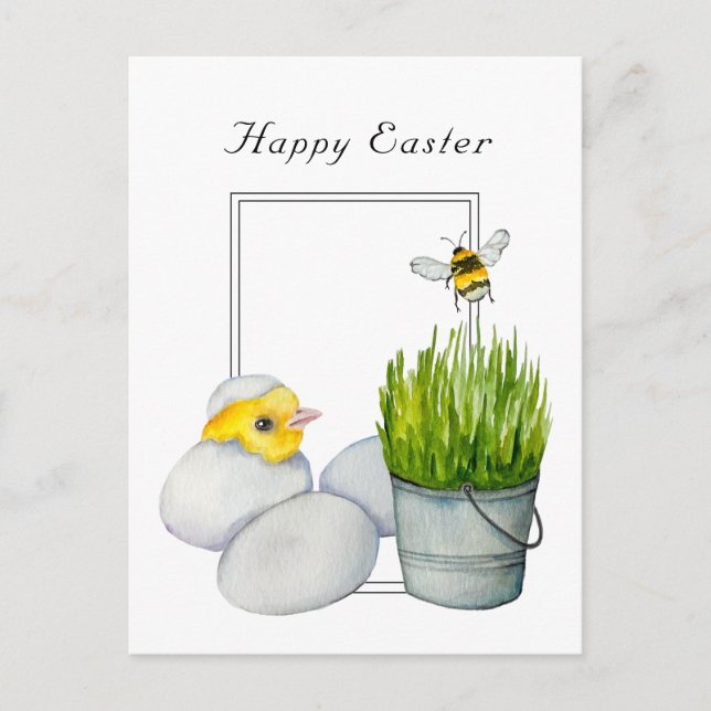 Happy Easter, cute chick and bumblebee Postcard (Front)