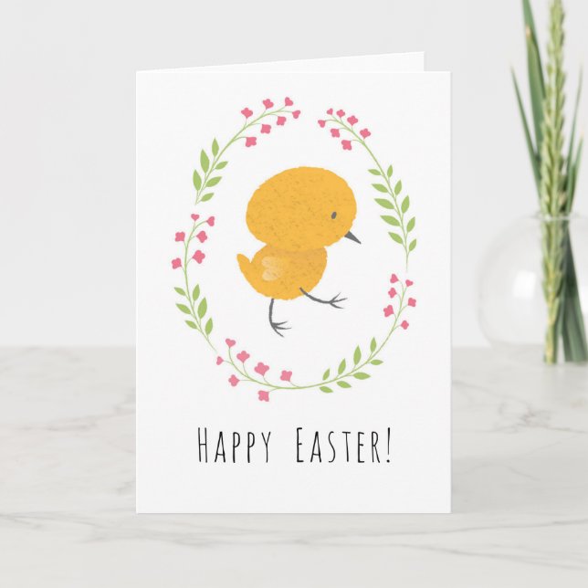 Happy Easter Cute Chick Floral Egg Wreath Card (Front)