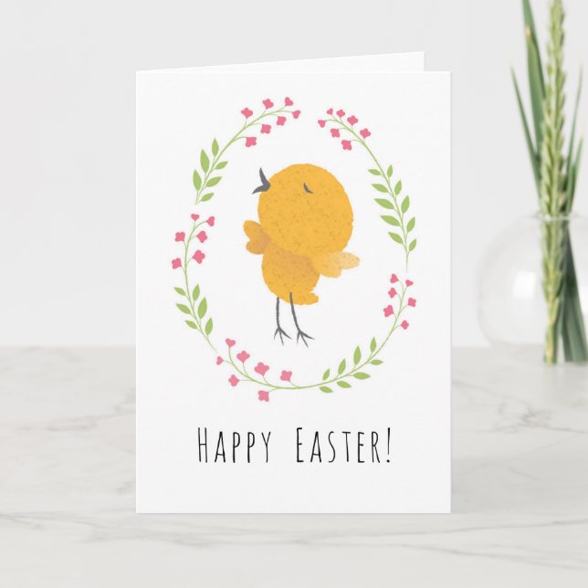 Happy Easter Cute Chick Floral Egg Wreath Card (Front)