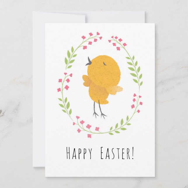 Happy Easter Cute Chick Floral Egg Wreath Card (Front)