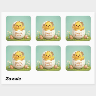 Happy Easter Cute Chick in Egg Pastel Spring Square Sticker