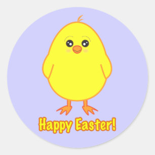 Happy Easter Cute Chick on Purple Classic Round Sticker