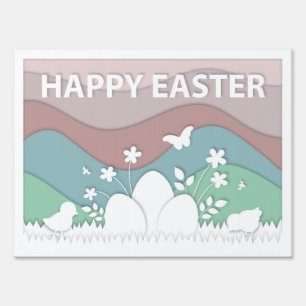 Happy Easter, cute chicks, easter eggs on grass Sign