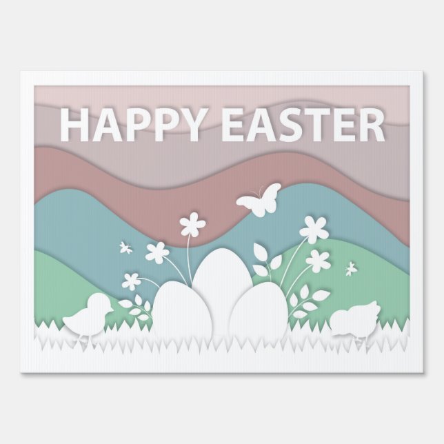 Happy Easter, cute chicks, easter eggs on grass Sign (Front)