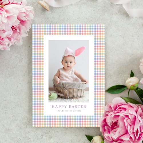 Happy Easter cute colorful plaid one photo Holiday Card