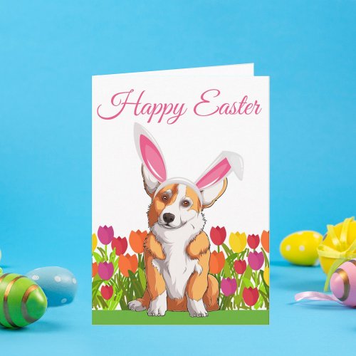 Happy Easter Cute Corgi Bunny Ears Floral Card