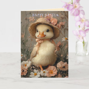 Happy Easter Cute Duck Straw Hat Pink Flowers Card