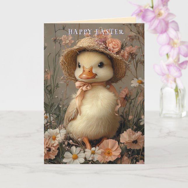 Happy Easter Cute Duck Straw Hat Pink Flowers Card (Orchid)