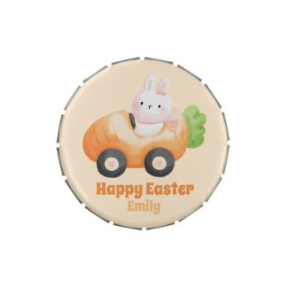 Happy Easter! Cute Easter Bunny in a Carrot Car  Candy Tin
