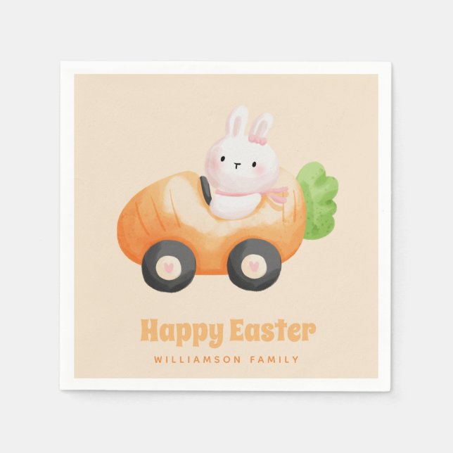 Happy Easter! Cute Easter Bunny in a Carrot Car Napkins (Front)