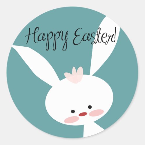 Happy Easter Cute Easter Bunny on Blue Classic Round Sticker