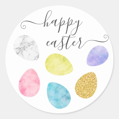 Happy easter cute easter eggs gold watercolor classic round sticker