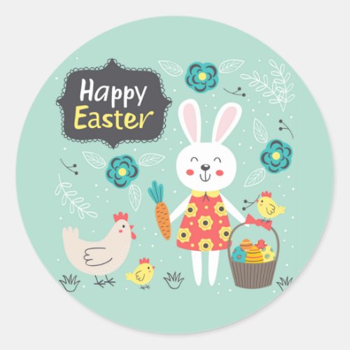 Happy Easter Cute Easter Rabbit w Chicks _ Green Classic Round Sticker