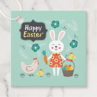 Happy Easter! Cute Easter Rabbit w. Chicks - Green Favor Tags