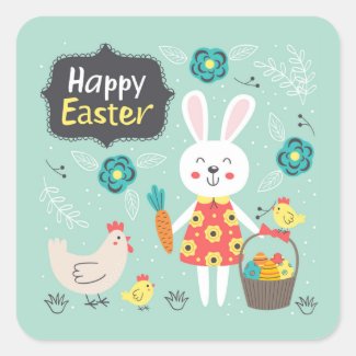 Happy Easter! Cute Easter Rabbit w. Chicks - Green Square Sticker