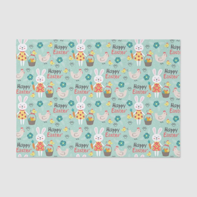 Happy Easter | Cute Easter Rabbits Pattern - Green Tissue Paper (Front)