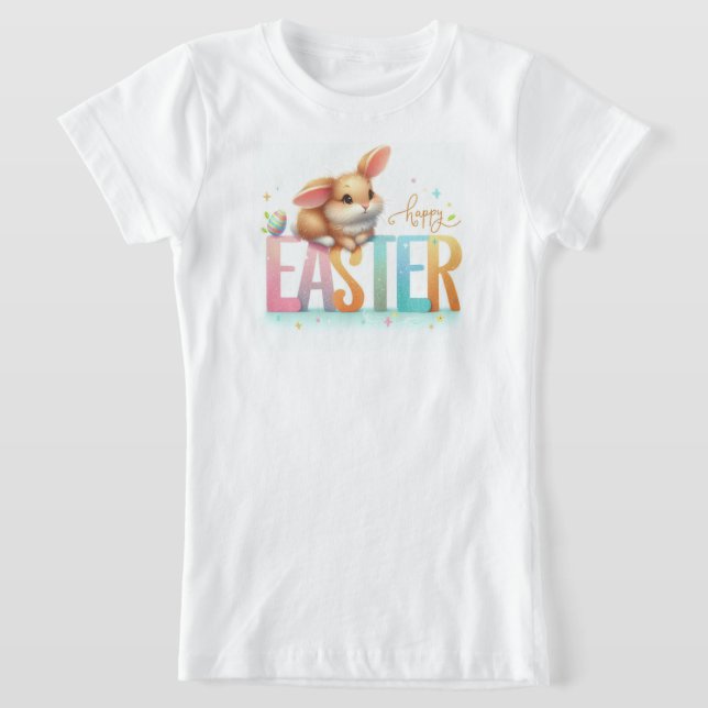 Happy Easter Cute Easter Typography with Bunny  T-Shirt (Laydown)